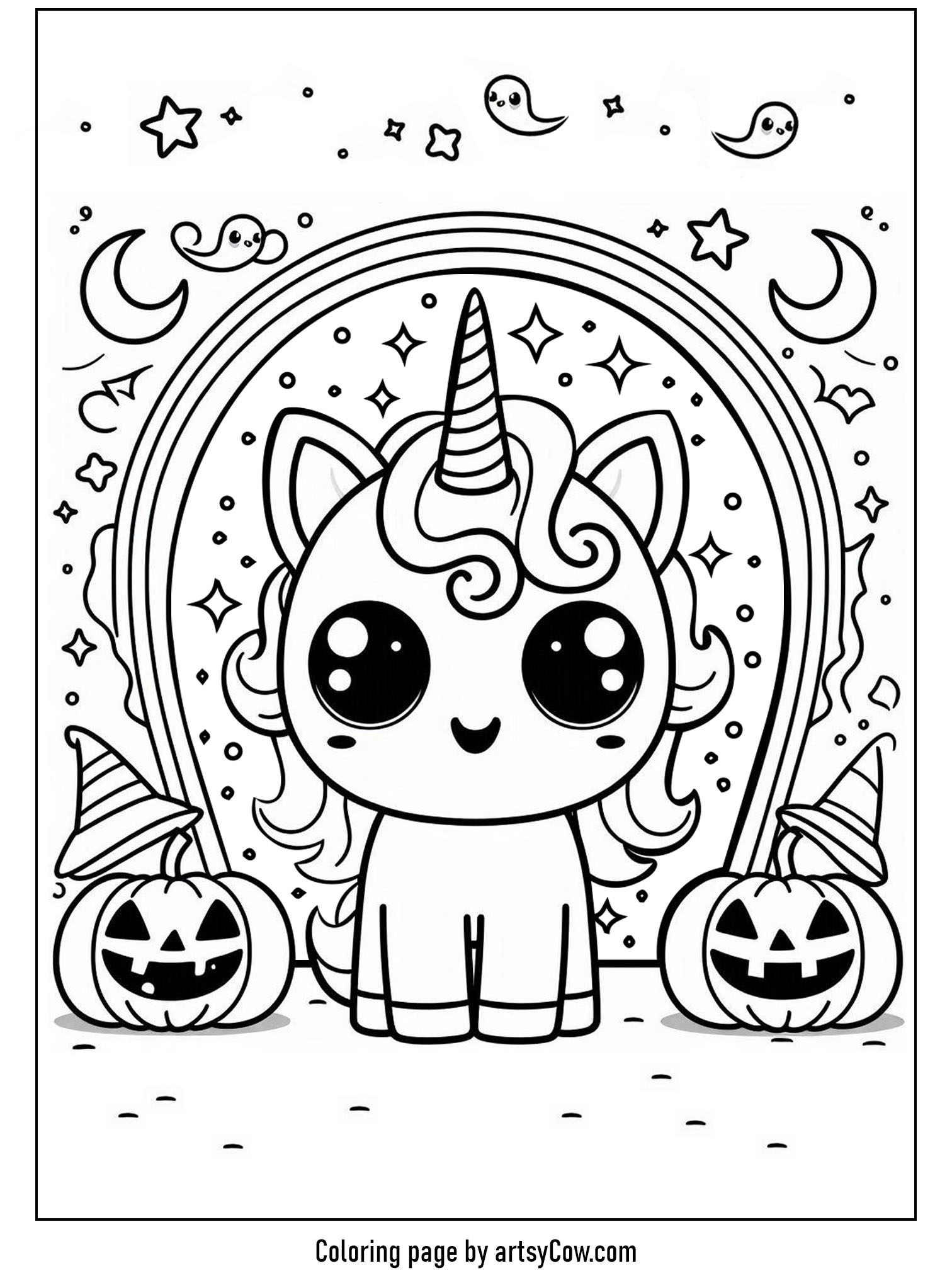halloween coloring pages with unicorn 2, featuring a cute unicorn in front of a magical portal with stars and pumpkins around.